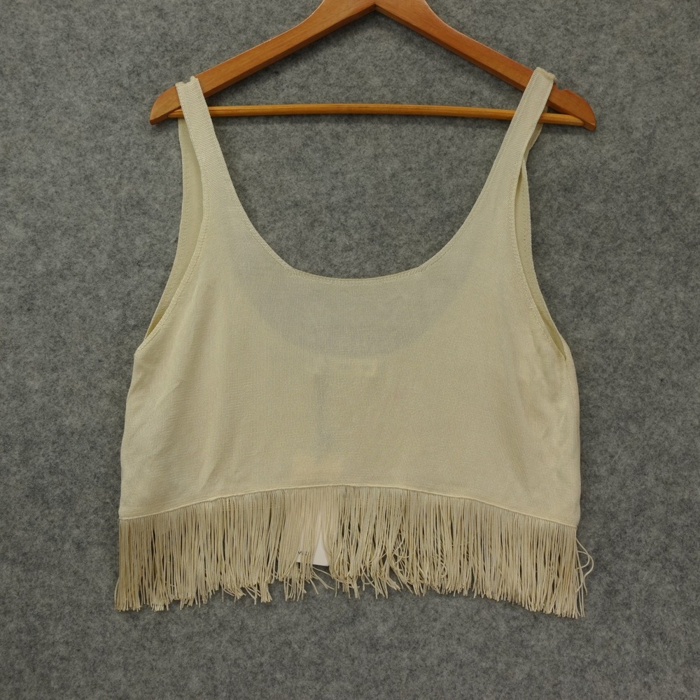 MNG Mango Womens Cream Fringe Crop Tank Top MEDIUM Y2K Boho Festival Summer
